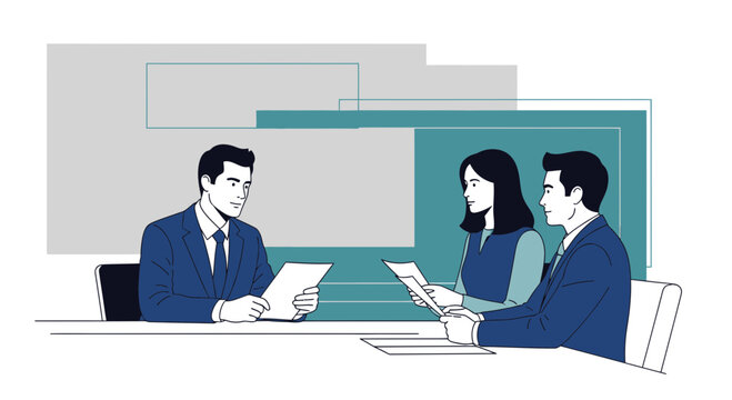 Business Meeting Illustration Featuring Three Professionals Reviewing Documents in Collaboration
