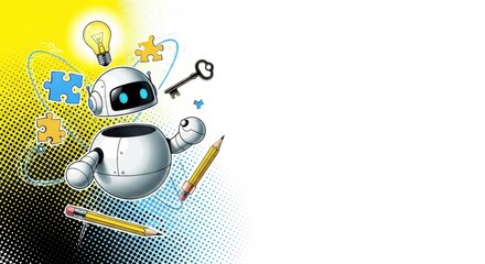 Trendy Halftone Collage cute robot AI holding  lightbulb. Creative mind or brainstorm. Create creative idea concept. Business solutions. Think outside the box. Marketing time