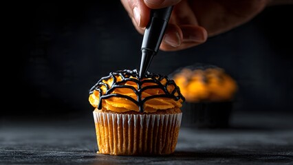 Decorating a Halloween cupcake with spiderweb icing, a concept on creativity, holiday spirit, and festive preparation.