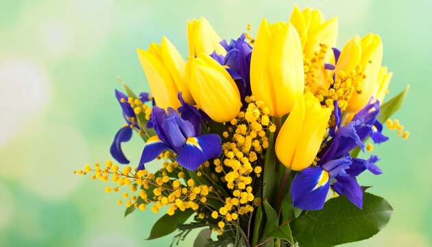 Vibrant bouquet of yellow tulips and blue irises