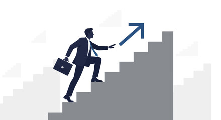 Fototapeta premium Business person climbing stairs to success reaching towards upward arrow illustration