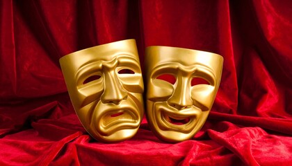 Two golden theatrical masks on red velvet