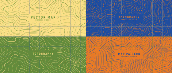Colorful Topographic Map Vector Set with Contour Line Patterns.