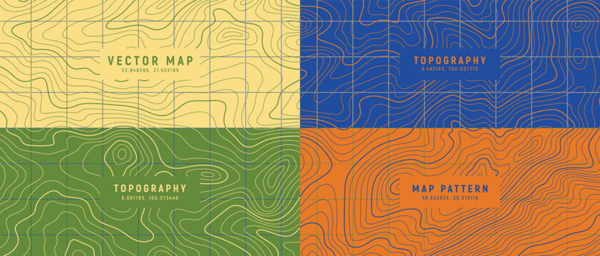Colorful Topographic Map Vector Set with Contour Line Patterns.