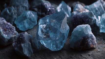 Blue Crystal Mineral Stone. Macro. Abstract technological background from crystals of a mineral of blue color.