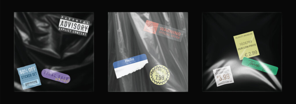 Transparent Plastic Wrap Bag Mockup with Vinyl Overlay and Sticker Labels