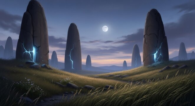 Ancient stone megaliths with glowing blue cracks on grassy hill at night with full moon. Archeology and prehistoric mystery.