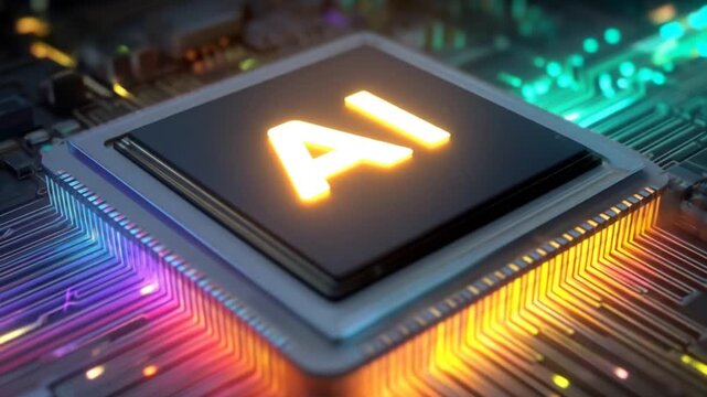 Close up of a computer chip with glowing ai text on a circuit board