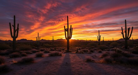 Desert sunset silhouette of cacti against a vibrant orange and purple sky
