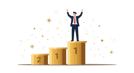 Fototapeta premium Business Success Victory Graphic with Podium and Celebratory Man at the Top