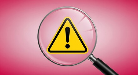 Magnifying glass highlighting yellow warning sign with exclamation mark on pink background, symbolizing caution, alert, danger, risk detection, and safety awareness