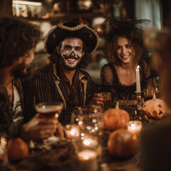 Halloween Family Gathering with Friends in Costumes, Generative AI
