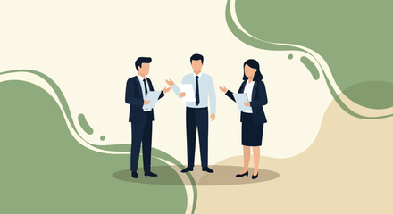 Fototapeta premium Business team discussing and reviewing documents against a green and beige background setup