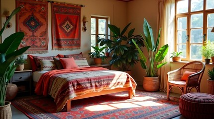 Cozy bohemian bedroom interior decorated with colorful textiles, patterned rugs, wall tapestries, indoor plants, and natural light. Warm and eclectic home design for relaxation.