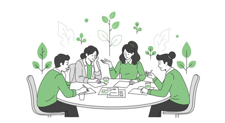 Business team meeting discussing sustainable development and green initiatives together