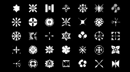 Diverse collection of abstract geometric shapes, modern futuristic icons, and minimalist design elements on a black background, perfect for UI/UX.