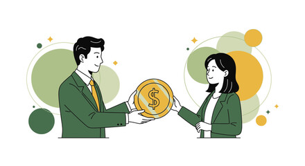 Business Transaction: Two Individuals Exchanging a Gold Coin, Symbolizing Financial Agreement