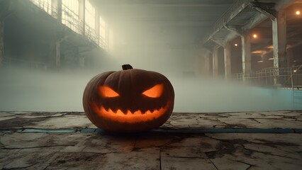 Glowing Jack-o'-lantern in a foggy abandoned pool, a concept on Halloween horror, mystery, and urban decay.