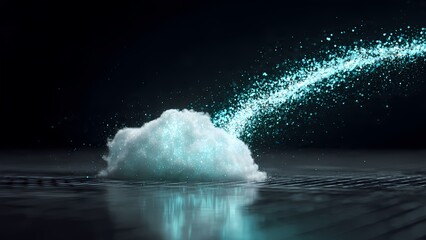 Glowing cloud with rising digital particles, a concept on cloud computing, data transfer, and technological innovation.