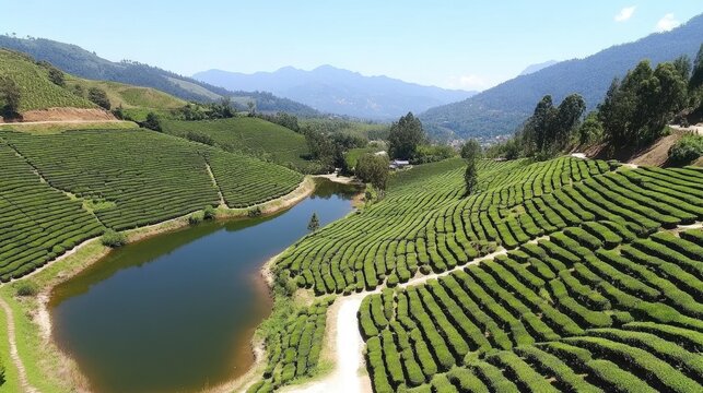 Serene Tea Plantation Landscape with Lake and Distant Mountains, Cameron Highlands, Malaysia
