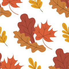 Obraz premium Seamless Autumn Leaves Pattern with Maple and Oak Leaves in Warm Fall Colors Flat Vector Design