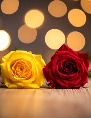 Two roses, yellow and red, on a wooden surface, with bokeh lights in the background