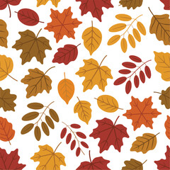 Seamless Autumn Leaves Pattern with Maple and Oak Leaves in Warm Fall Colors Flat Vector Design