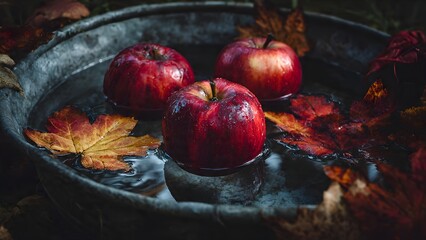 Ripe red apples and colorful autumn leaves float in the cool water of a rustic, weathered metal basin.