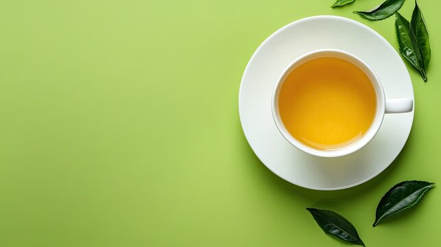 Serene Green Tea Moment: Overhead View of Golden Brew with Fresh Leaves