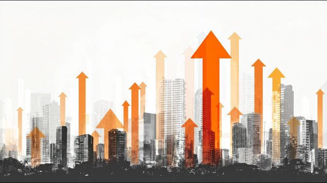 A grayscale city skyline with orange upward arrows conveying growth and progress against a gradient background