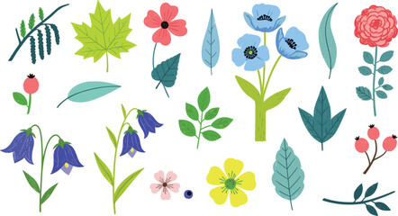 Collection of various stylized floral elements and leaves for design and illustration purposes
