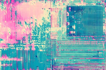 Abstract blue mint and pink background with interlaced digital glitch and distortion effect Futuristic cyberpunk design 