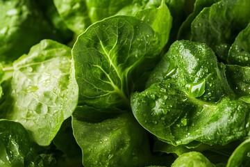 A macro shot of a leaf of romaine lettuce with dewdrops capturing the fine textures of the leaf and the natural details