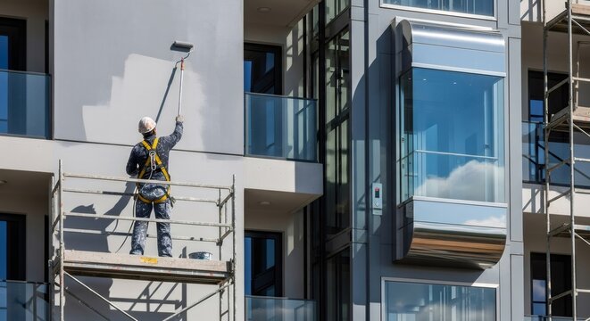 Man painter on scaffolding applying fresh coat of paint to modern building?s facade for property maintenance and renovation work.