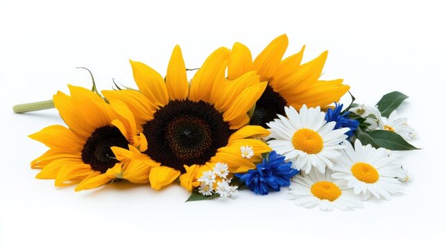 Vibrant Summer Bouquet: Sunflowers, Daisies, and Cornflowers on White