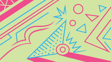 Vector art of retro abstract geometric pattern with pink and blue lines on light green background