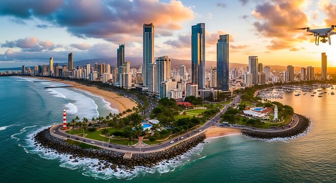 Aerial view showcases the city skyline with sandy beach under sunset light