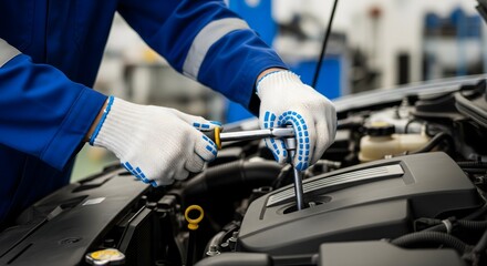 Auto mechanic in blue uniform repairing car engine with tools and gloves in workshop, symbolizing vehicle maintenance, professional service, and automotive repair industry
