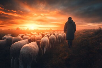 Shepherd and Flock walking into the sunset dramatic warm lighting open field