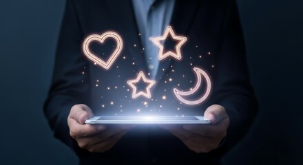 Person holding tablet with heart, stars, and moon icons floating above.