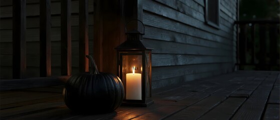 A lone candle in a lantern casts a warm glow beside a black pumpkin on a rustic porch at twilight, evoking a subtle sense of Halloween mystery.