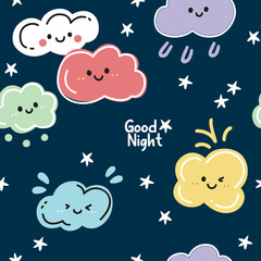 Cute Seamless Cloud Pattern with Smiling Faces 