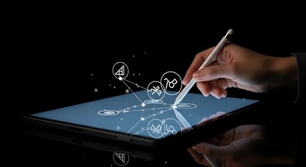 Using Tablet with Stylus for Digital Design on Black Background