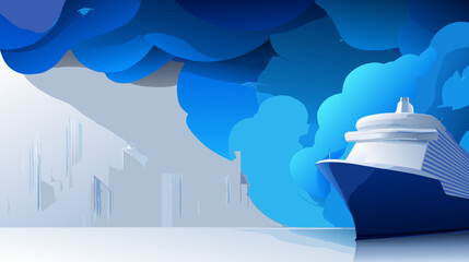 Stylized blue cruise ship sailing through abstract digital clouds towards a futuristic city skyline illustration.