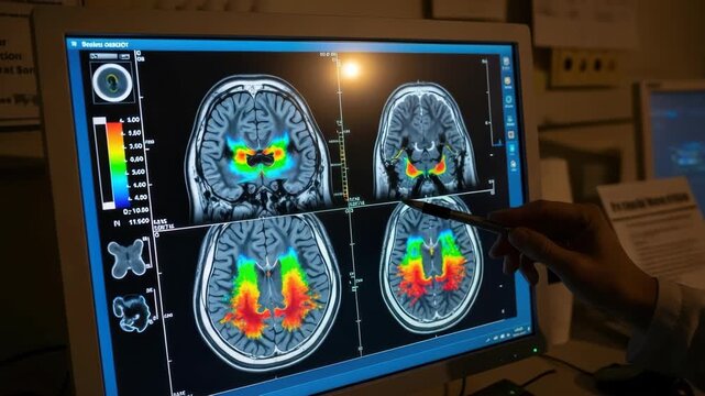 Medical professionals hand points at computer monitor displaying four detailed brain scans The scans show neural activity with vibrant color-coded areas indicating brain function or structure