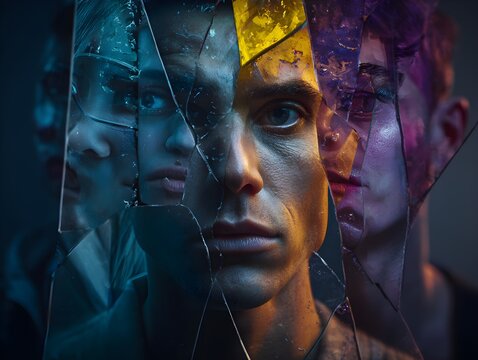 Multi-faceted portrait of a young man with shattered mirror reflections
