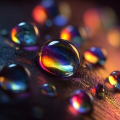 Focused macro view of glowing droplets displaying dynamic, multicolored reflections across textured material