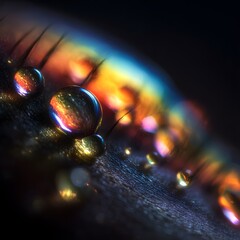 Artistic close-up of crystal-clear water globules highlighting iridescent light effects over fine textile fibers