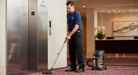 Man cleaning carpet with vacuum in hotel lobby, showing professional facility maintenance and floor cleanliness service.