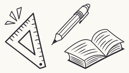 Naklejka premium Vector art of handdrawn illustration of a ruler, pencil, and open book